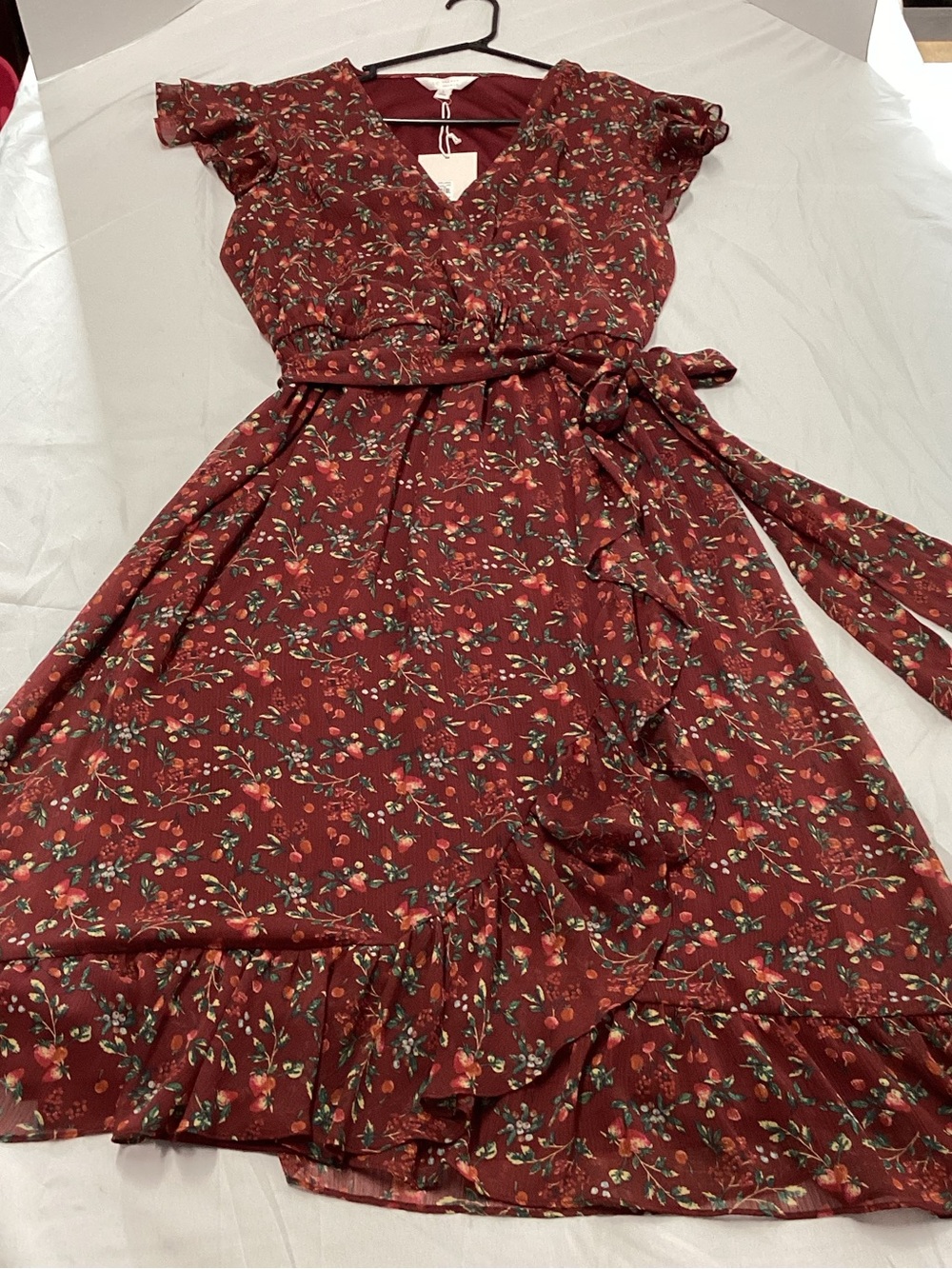 LC Lauren Conrad Maroon Rust Floral Wrap Ruffle Dress